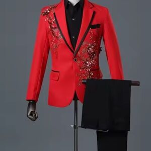 Le Suit Red Floral Embroidered Blazer